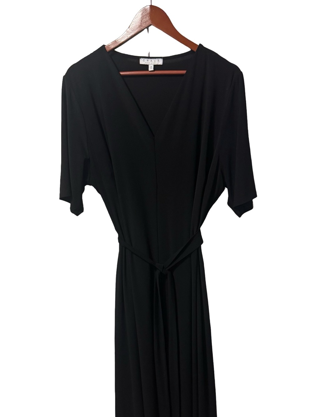 CHAUS 3X Black Vneck Midi Dress with Belt